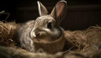 Fluffy baby rabbit sitting on hay indoors generated by AI photo