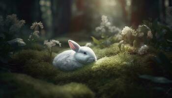 Fluffy baby rabbit sits in green meadow generated by AI photo