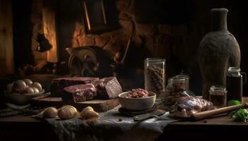 Rustic gourmet meal cooked indoors on wood generated by AI photo