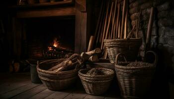 Woven wicker basket holds firewood for warmth generated by AI photo