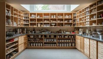 Neat modern kitchen shelf with empty drawers generated by AI photo