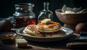 Freshly cooked pancakes stack on rustic plate generated by AI photo