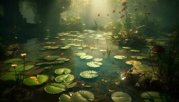 Tranquil scene of lotus in pond water generated by AI photo