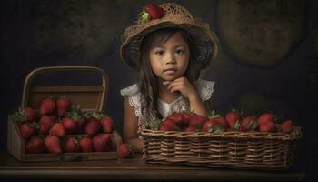 linda caucásico niño sonriente, participación Fresco fresas generado por ai foto