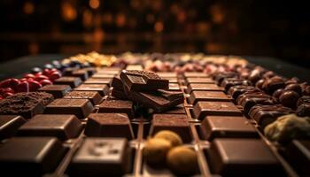 indulgente oscuro chocolate trufa apilar en mesa generado por ai foto