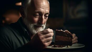 Senior man indulges in gourmet chocolate dessert generated by AI photo