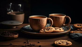 dulce hecho en casa chocolate chip galletas en rústico mesa generado por ai foto