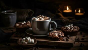 Rustic table holds indulgent homemade hot chocolate generated by AI photo