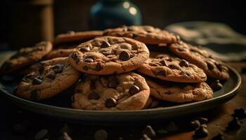 indulgente hecho en casa chocolate chip galletas en rústico mesa generado por ai foto