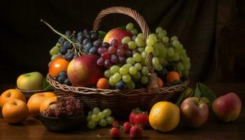 Fresco Fruta cesta manzana, uva, fresa, melocotón generado por ai foto