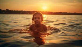 Smiling child enjoys fun summer swim activities generated by AI photo