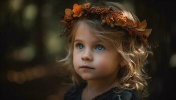 Smiling girl in autumn nature, pure happiness generated by AI photo