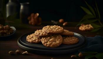 Freshly baked chocolate chip cookies on rustic table generated by AI photo