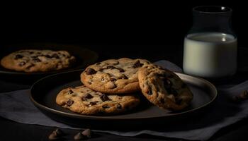 Stack of homemade chocolate chip cookies on table generated by AI photo