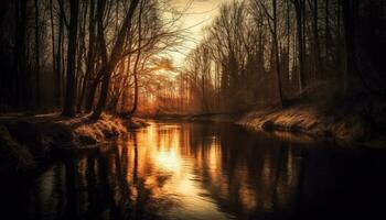 Sunlit tree reflects in tranquil autumn pond generated by AI photo