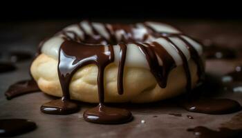 Indulgent chocolate dessert on wooden plate indoors generated by AI photo