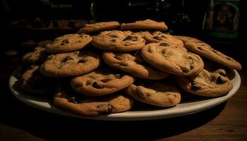 indulgente hecho en casa chocolate chip galletas en rústico mesa generado por ai foto