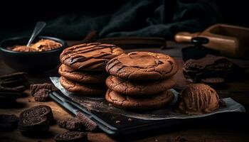 un apilar de hecho en casa chocolate chip galletas en un rústico mesa generado por ai foto