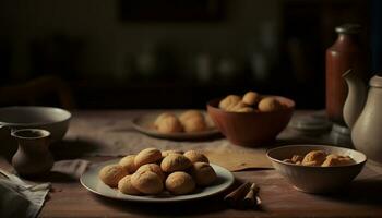 Freshness of nature bounty on a rustic wooden table indoors generated by AI photo