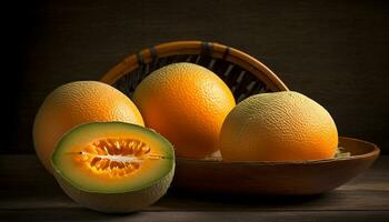 Freshness of nature bounty on a rustic wooden table, healthy eating generated by AI photo