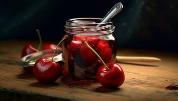 Freshness on a wooden table, nature organic summer, ripe berries generated by AI photo