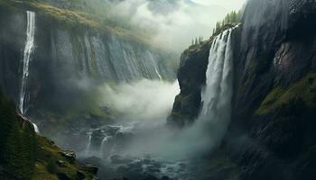 Majestic mountain peak, foggy cliffs, flowing water, adventure in nature generated by AI photo