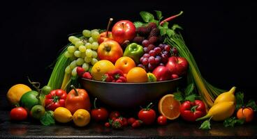 Freshness of nature bounty  tomato, grape, carrot, cucumber, apple, strawberry, lemon generated by AI photo