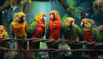 Vibrant macaw perching on a branch, showcasing nature colorful beauty generated by AI photo