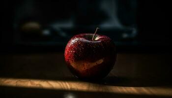 Freshness and nature on a wooden table, a juicy apple generated by AI photo