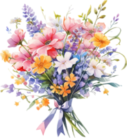 Watercolor bouquet with wildflowers, herbs, leaves, isolated on white background. png
