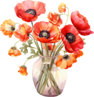 Watercolor Drawing of Red Poppy Flowers Isolated on White. Botanical Illustration of Papaver Rhoeas in Vintage Style. Summer Poppy Artwork. Floral Wedding Decoration Bouquet png