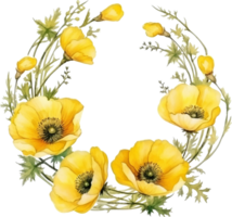 Floral composition with yellow poppy. Watercolor painted floral wreath on white background. Green wild fern branches, leaves, yellow flowers png