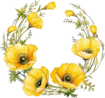 bloemen samenstelling met geel papaver. waterverf geschilderd bloemen krans Aan wit achtergrond. groen wild varen takken, bladeren, geel bloemen png