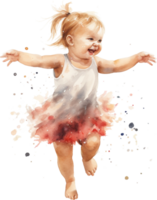 süß lächelnd wenig Mädchen im ein schön Kleid auf ein Weiß Hintergrund. handgemalt schön Baby. nett Illustration zum T-Shirts, Poster, Geburtstag. Ideal zum Drucken und Karte Herstellung. png