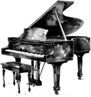 Black watercolor sketch grand piano on a white background. png