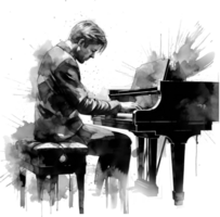 pianista homem dentro Preto fraque aguarela ilustração. expressivo romântico pianista homem tocam piano isolado em branco png