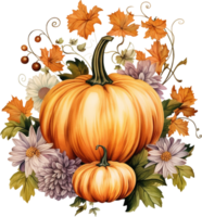 Autumn watercolor illustration with pumpkins and flowers leaves isolated on white background. Watercolor hand-painted perfect for design decorative greeting cards, or posters in the autumn festival png