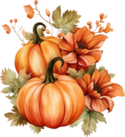 Autumn watercolor illustration with pumpkins and flowers leaves isolated on white background. Watercolor hand-painted perfect for design decorative greeting cards, or posters in the autumn festival png