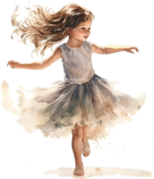 Cute dancing girl illustration. Little Girl watercolor style clipart isolated on white background. png