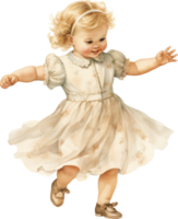 watercolor vintage style illustration, cute little girl dancing, child, doll, clip art isolated on white background png