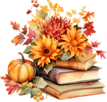 Watercolor autumn composition with book and fall flowers. Hand painted education card isolated on white background. Floral illustration for design, print or background. png