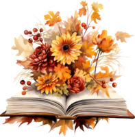 waterverf herfst samenstelling met boek en vallen bloemen. hand- geschilderd onderwijs kaart geïsoleerd Aan wit achtergrond. bloemen illustratie voor ontwerp, afdrukken of achtergrond. png