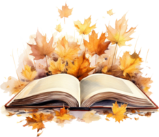 Watercolor autumn composition with book and fall flowers. Hand painted education card isolated on white background. Floral illustration for design, print or background. png