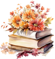 Watercolor autumn composition with book and fall flowers. Hand painted education card isolated on white background. Floral illustration for design, print or background. png