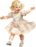 aguarela vintage estilo ilustração, fofa pequeno menina dançando, criança, boneca, grampo arte isolado em branco fundo png