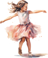 Cute dancing girl illustration. Little Girl watercolor style clipart isolated on white background. png