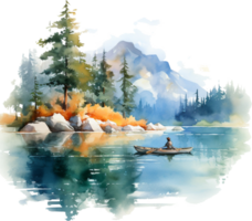 vattenfärg målning av landskap med fiskare i en båt. i vattenfärg stil. vattenfärg illustration isolerat på vit bakgrund. png
