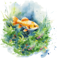 Colorful Koi fish watercolor art detailed illustration with flower splash and water splashes designs wall decor artworks fishes orange-gold color fish and blue water splash png