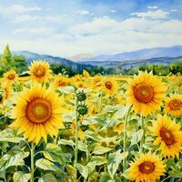 Watercolor landscape with sunflowers field, hills and blue sky. photo