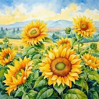 Watercolor landscape with sunflowers field, hills and blue sky. photo